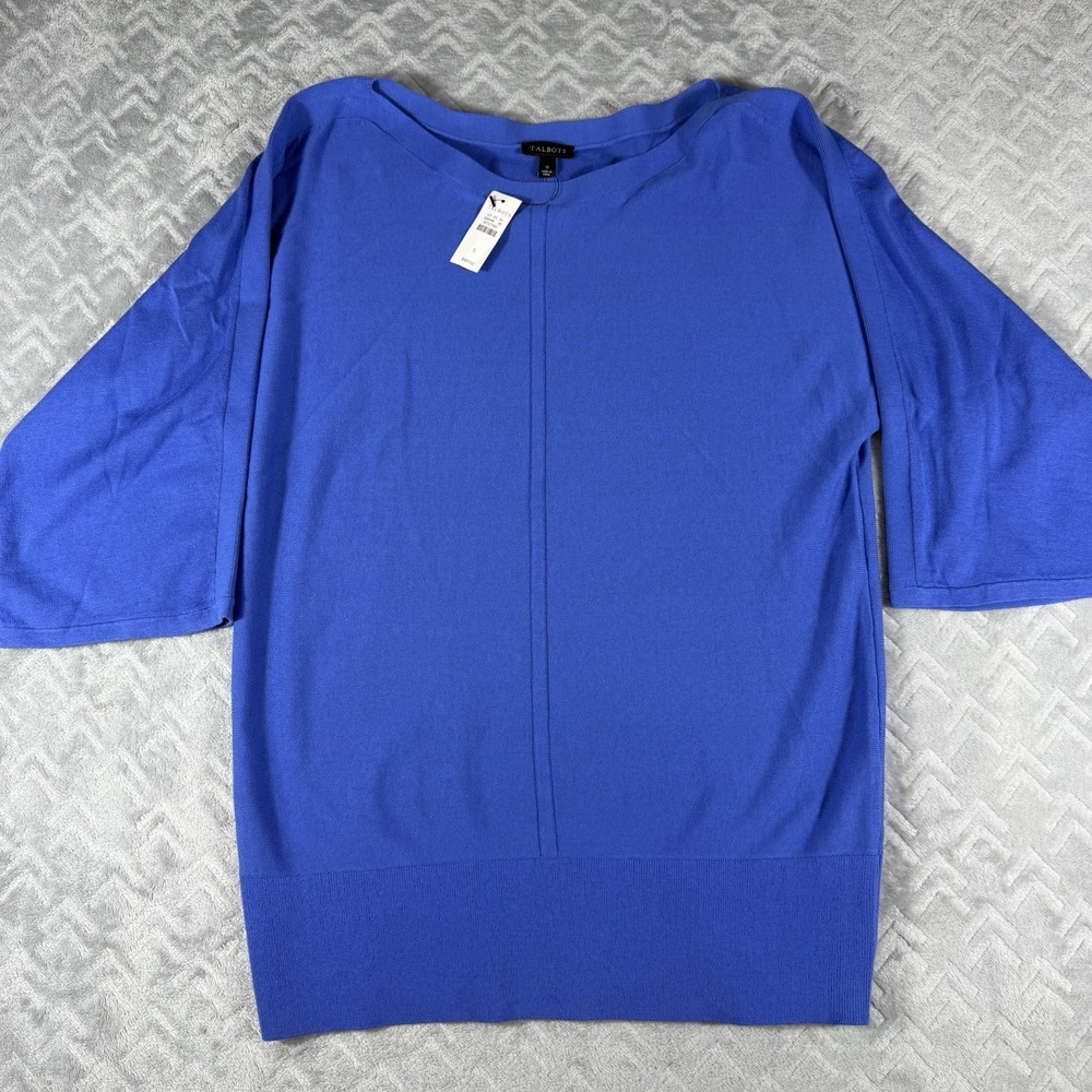 Talbots Womens Sweater Tunic Top Small Blue Short Dolman Sleeves Knit Banded Hem